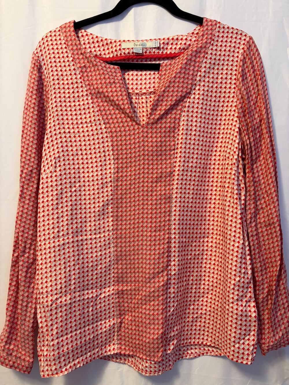 Boden Silk Tunic Blouse Top Red White Long Sleeve Pullover Sz 12R Women's